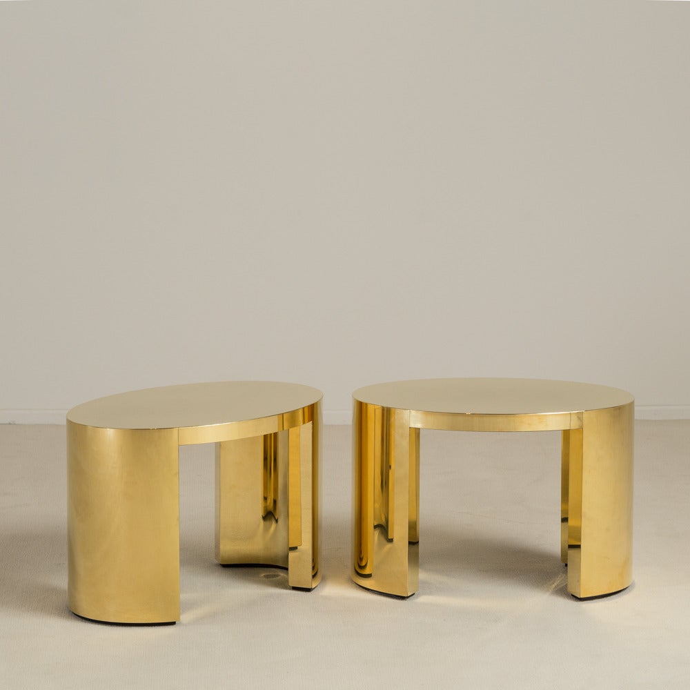 A pair of polished brass wrapped oval side tables by Talisman Bespoke 

This simple yet stylish polished side table is available in either brass or steel. The side table can be adapted to a variety of customised sizes and the design can be reworked