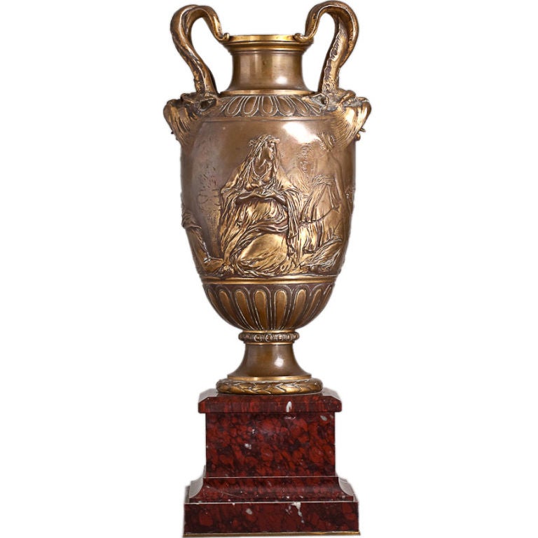 French Bronze Urn on Marble Base, circa 1860 For Sale
