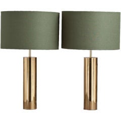 A Pair of 1970s Cylindrical Brass Table Lamps