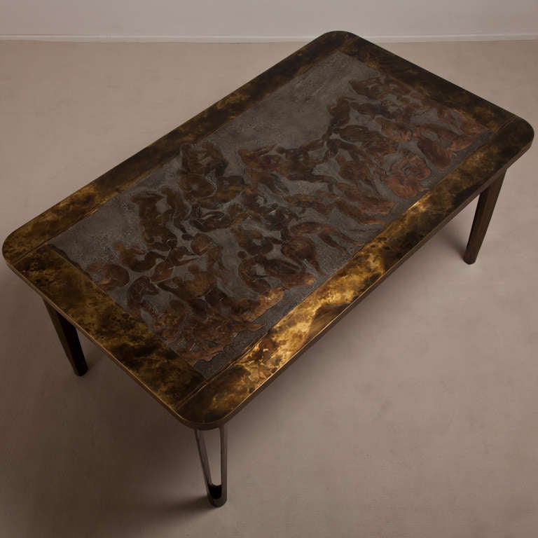 A rare Phillip and Kelvin LaVerne designed acid etched bronze and pewter centre table with bathers illustration after Matisse, USA, 1960s signed

Philip and Kelvin LaVerne were father and son and most famous for their furniture made from various