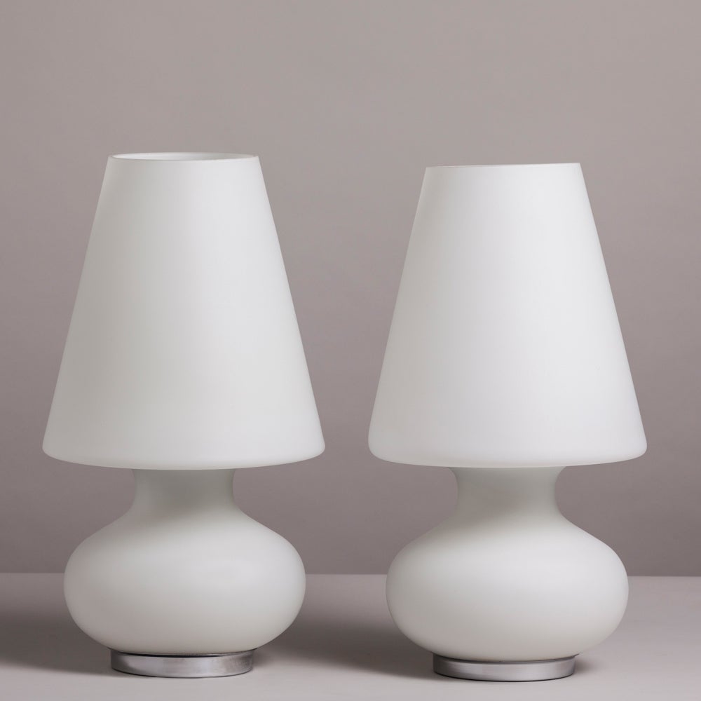 Pair of White Frosted Murano Glass Table Lamps, 1970s