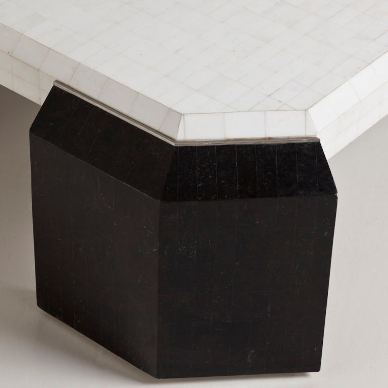 Large octagonal shaped black and white tessellated stone coffee table with steel detail between the top and legs, 1970s.