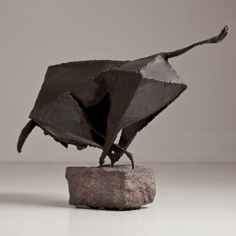Mid-20th Century A Brutalist Metal Sculpture of a Charging Bull