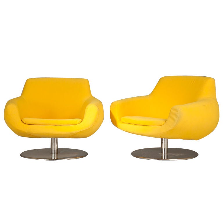 A Pair of Yellow Swivel Chairs on Circular Nickel Bases at 1stDibs