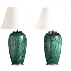 A Large Pair of Green Celadon Table Lamps