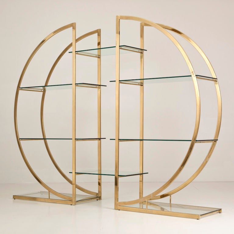 A Pair of 1970s D -Shaped Brassed Metal Etageres with Glass Shelving USA