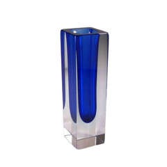 A Small Square Murano Sommerso Glass Vase with a Blue Centre