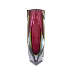 A Facet Cut Murano Sommerso Glass Vase with a Deep Pink Centre