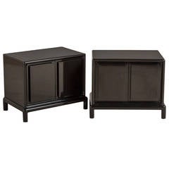 Pair of Asian Modern, Jet Black Lacquer Side Cabinets, 1960s