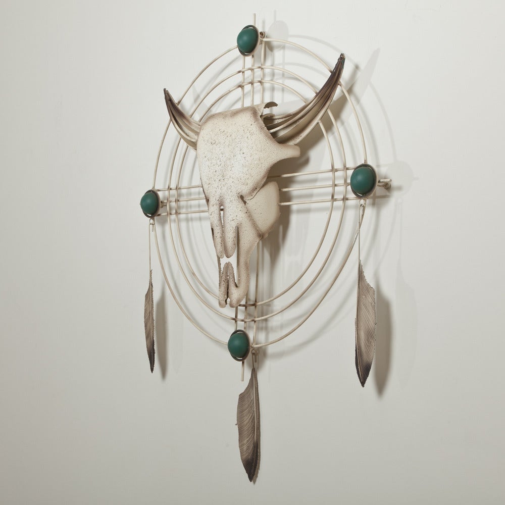 A Curtis Jere Dreamcatcher Skull and Feathers Wall Sculpture USA signed and dated 1991