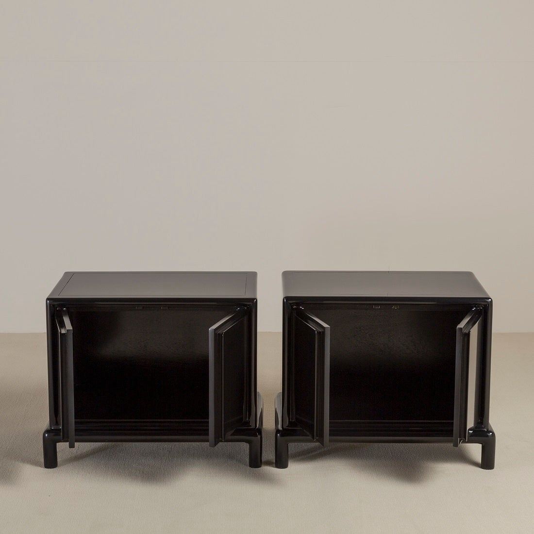 A Pair of Asian Modern Jet Black Lacquer Two Door Side Cabinets 1960s, Talisman Edition