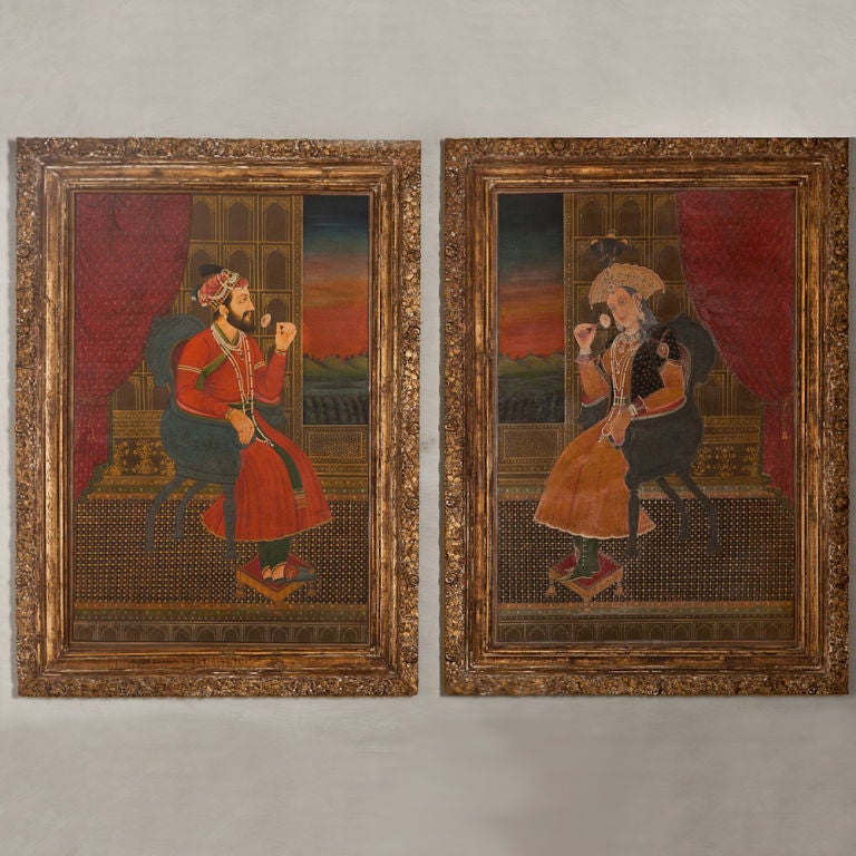 A Large Pair of Stunning 19th Century Indian Paintings Depicting Shah Jahan & Mumtaz Mahal- Both Paintings are in their Original Carved Wooden Frames.<br />
Their relationship inspired him to create the Taj Mahal, India in her honour.