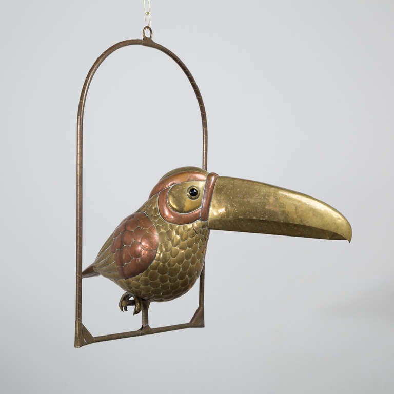 A Brass and Copper Toucan on an Arch Perch by Sergio Bustamante 1960s