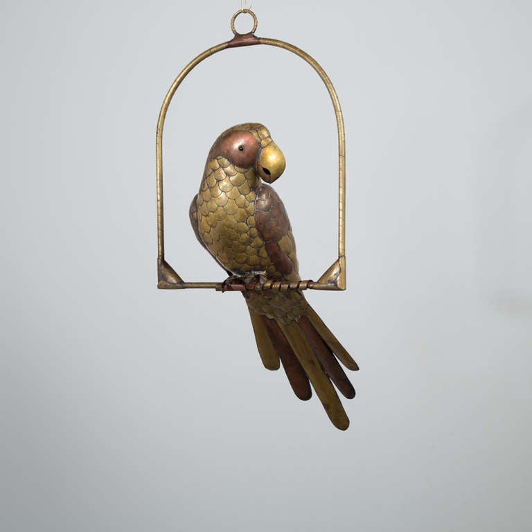 A Large Brass and Copper Parrot on an Arch Stand by Sergio Bustamante 1960s