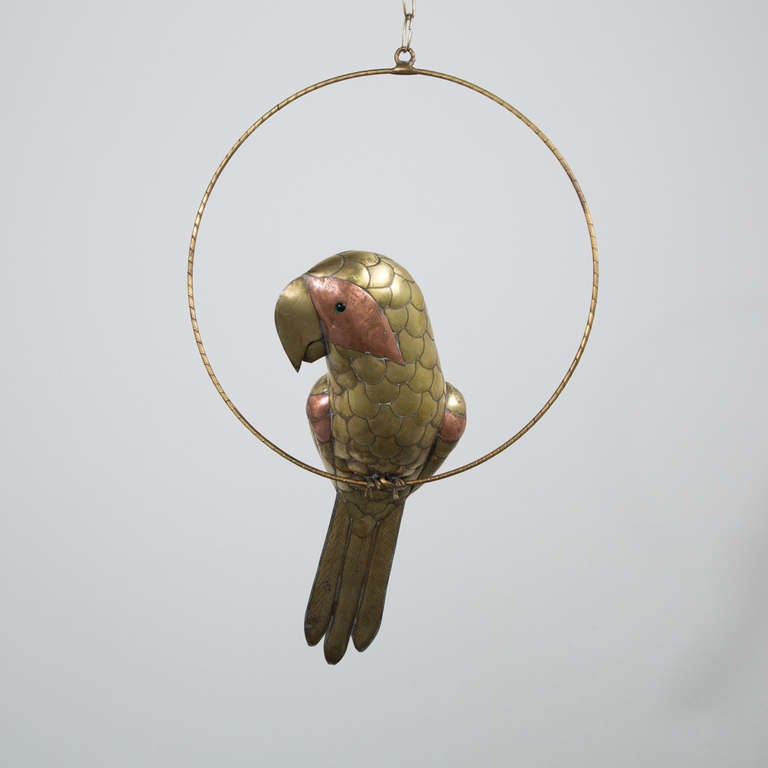 Mexican A Brass and Copper Bustamante Parrot on a Circular Stand