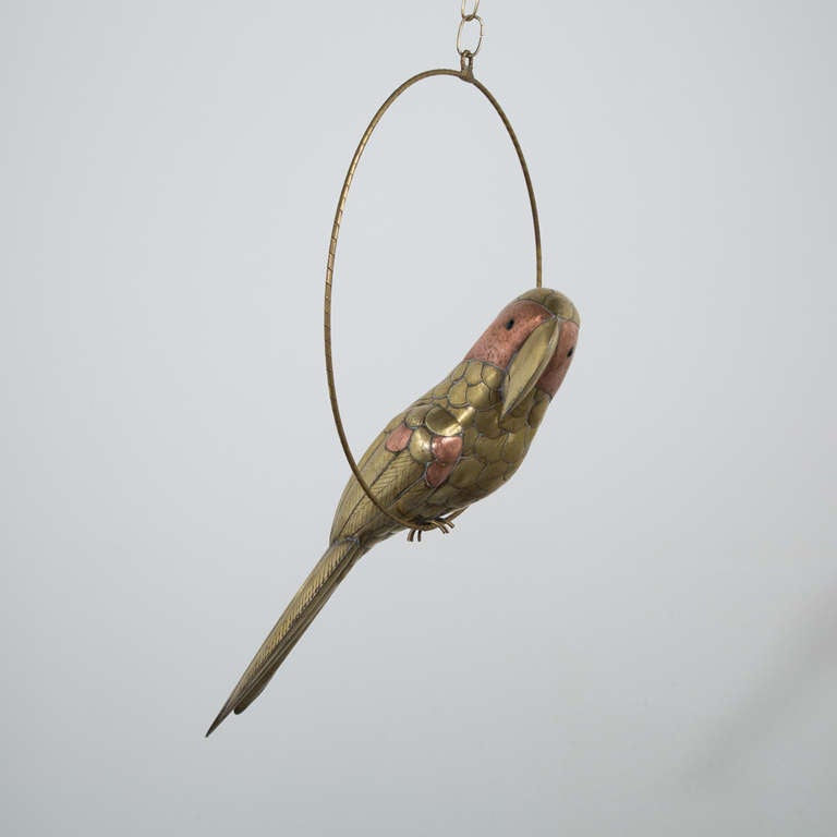 Mid-20th Century A Brass and Copper Bustamante Parrot on a Circular Stand