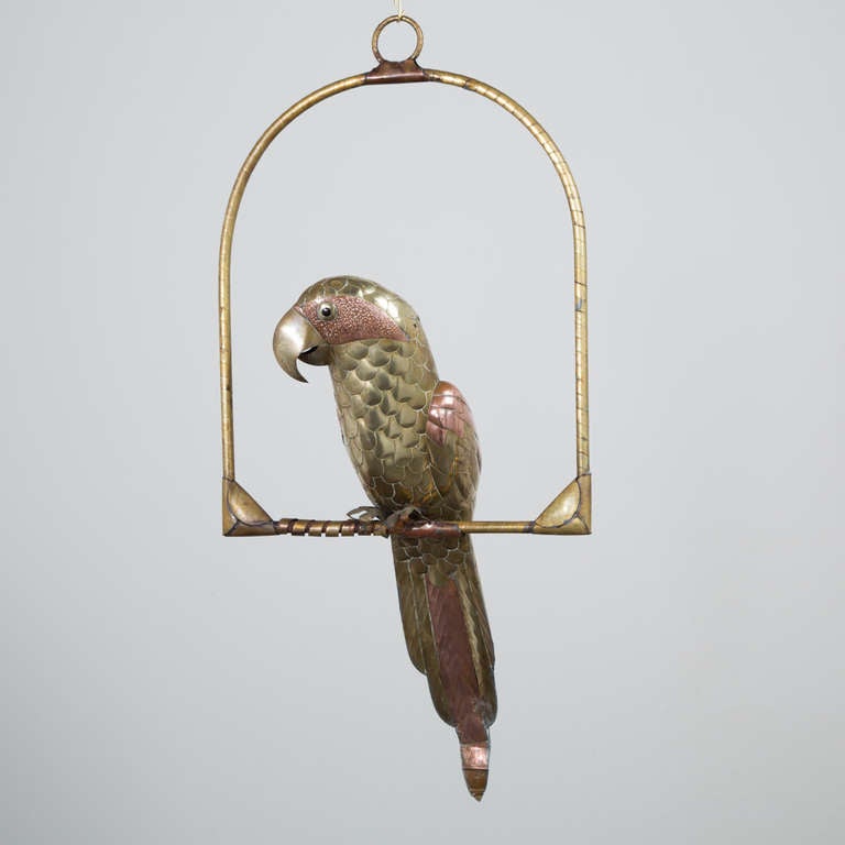 A Copper and Brass Parrot on an Arch Stand by Sergio Bustamante 1960s