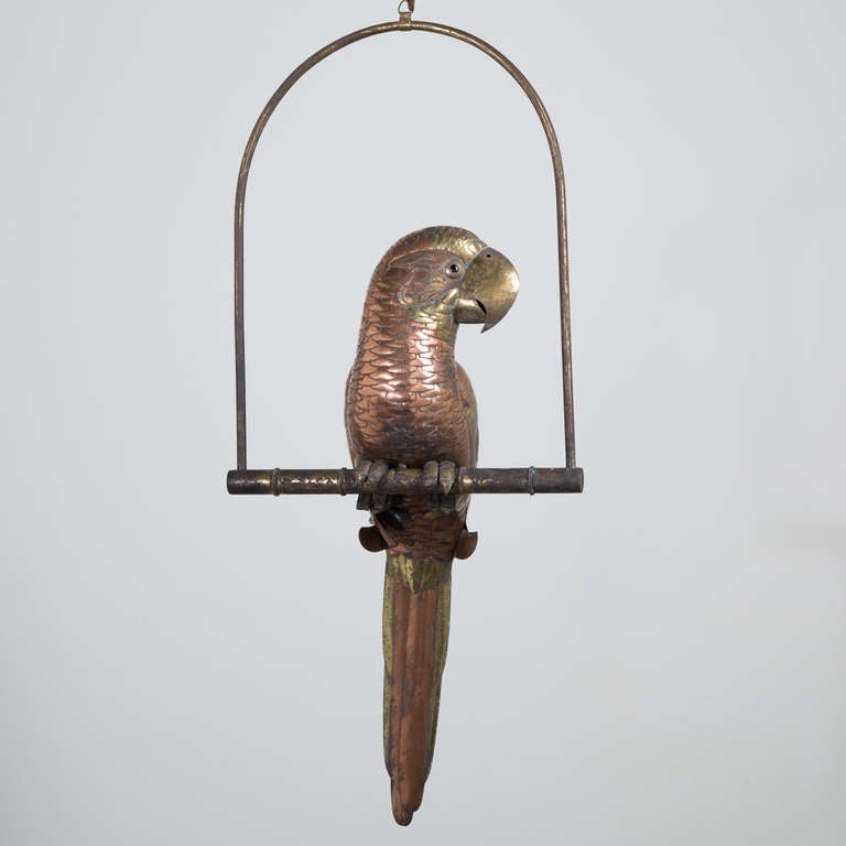 A Brass and Copper Parrot on an Arch Stand by Sergio Bustamante 1960s