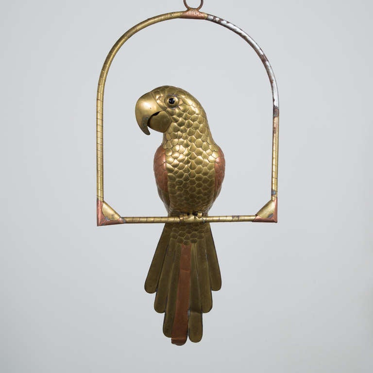 A Tarnished Brass and Copper Parrot on an Arch Stand by Sergio Bustamante 1960s