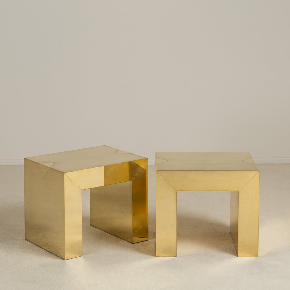 A pair of polished and textured brass wrapped side tables with diamond cut overlays by Talisman bespoke 

This simple yet stylish polished and textured side table with diamond cut overlays is available in either brass or steel. The side table can be