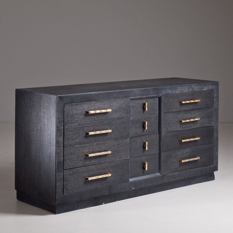 A Cerused Oak 12 Drawer Buffet with Bronze Handles