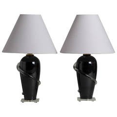 Pair of Black and Clear Lucite Table Lamps, 1980s