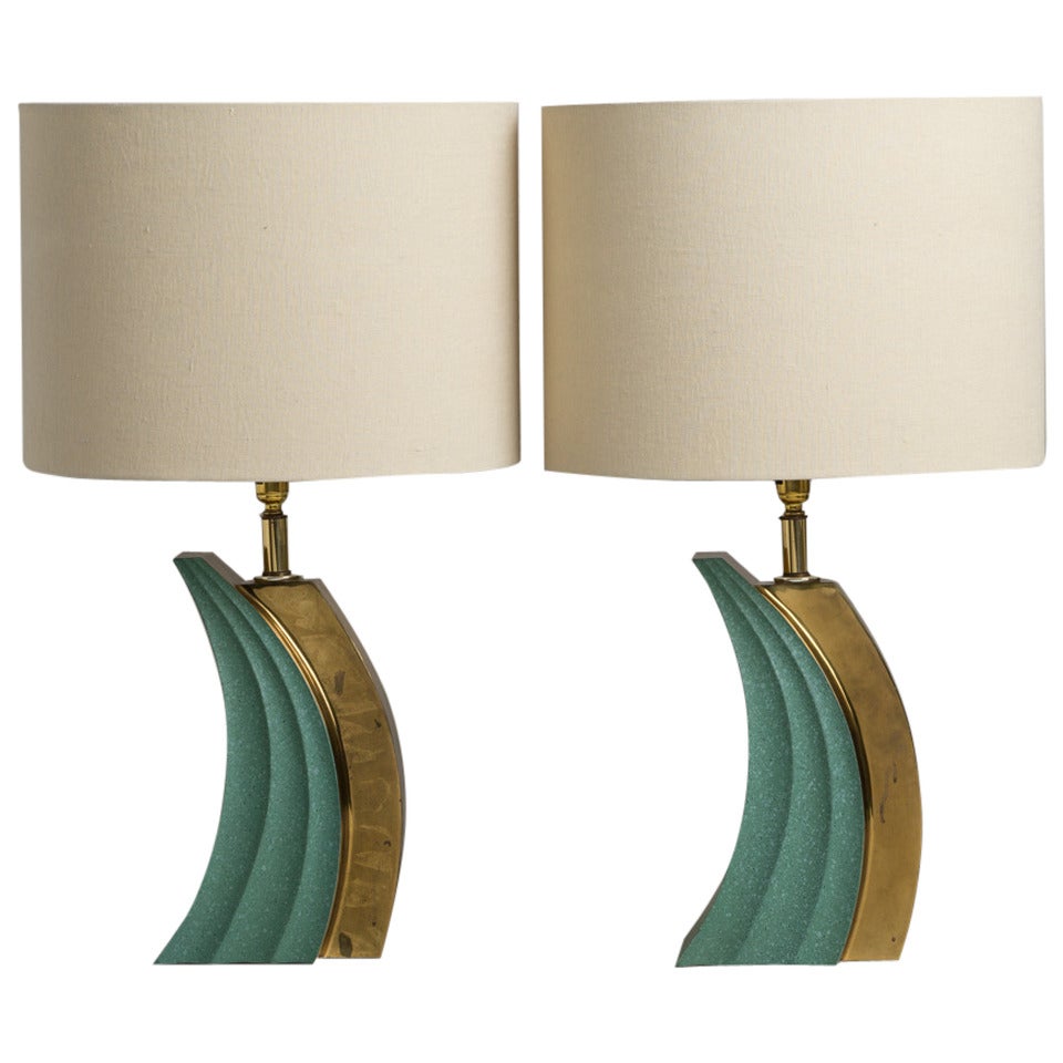 Pair of Green Ceramic and Bronze Table Lamps, 1960s