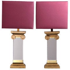 A Pair of Lucite Columned Table Lamps with Square Brass Bases A Pair of Lucite Columned Table Lamps with Square Brass Bases