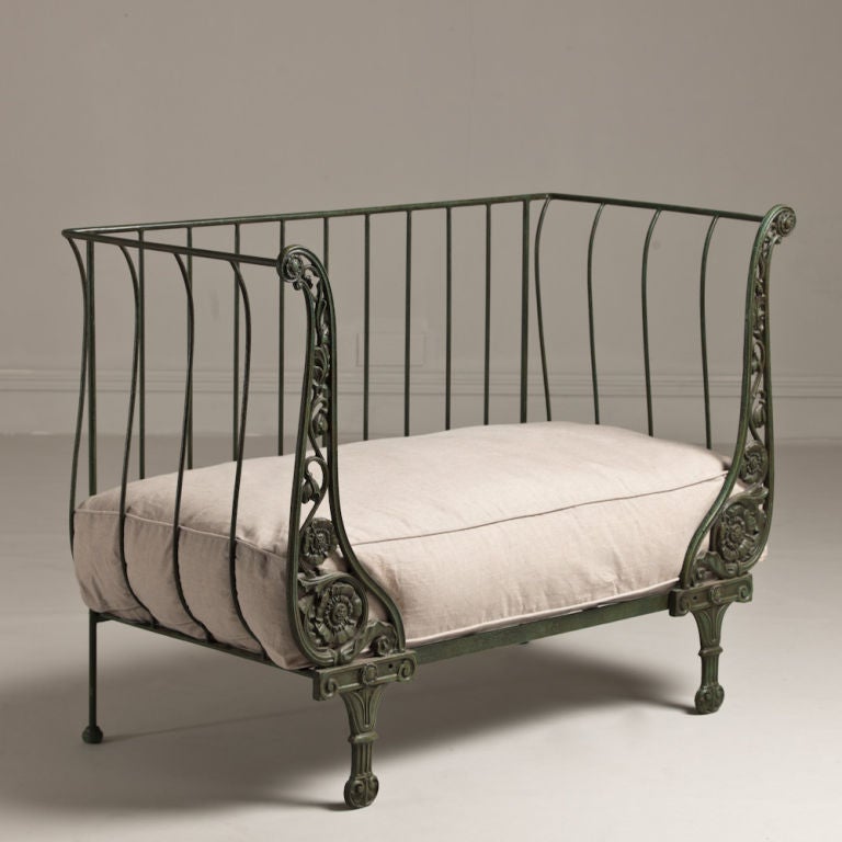 A Converted 19th Century French Cast Iron Dog Bed Upholstered in a Natural Wax Linen (Pair Available), Talisman Edition