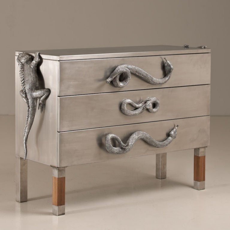 A Three Drawer Commode by Christian Maas Surmounted by Cast Aluminium Snakes and Iguanas 2011