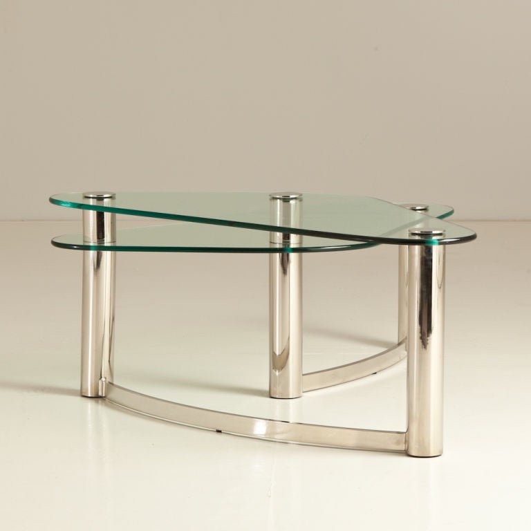 American 1970s Tubular Nickel and Glass Asymmetrical Two-Tier Coffee Table For Sale