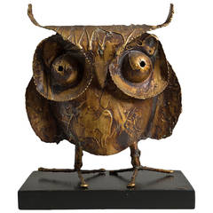 Brutalist Metal Owl Table Sculpture by Curtis Jere, 1969