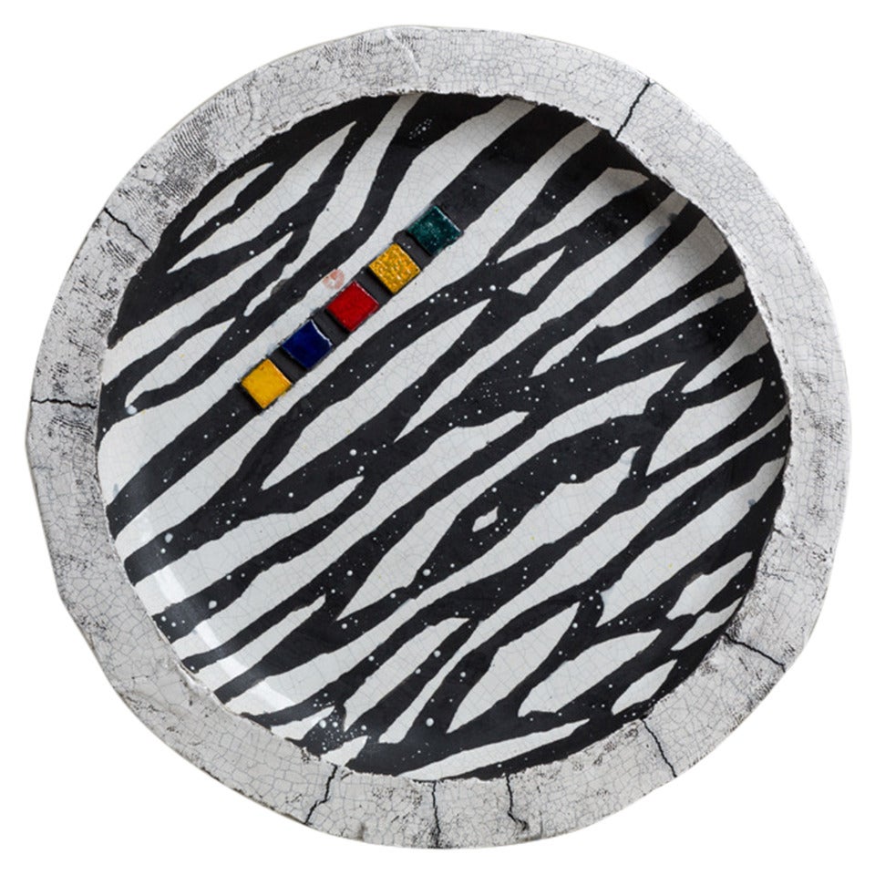 Large Catriona McLeod Zebra Patterned Raku Ceramic Plate, 2008 For Sale