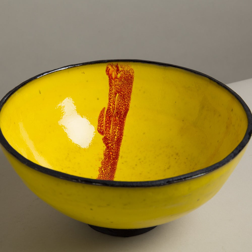 A Yellow Catriona McLeod Raku Fired Ceramic Bowl signed 2008