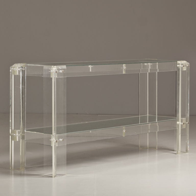 American A Lucite Framed Two Tiered Console Table with Mirrored Shelves