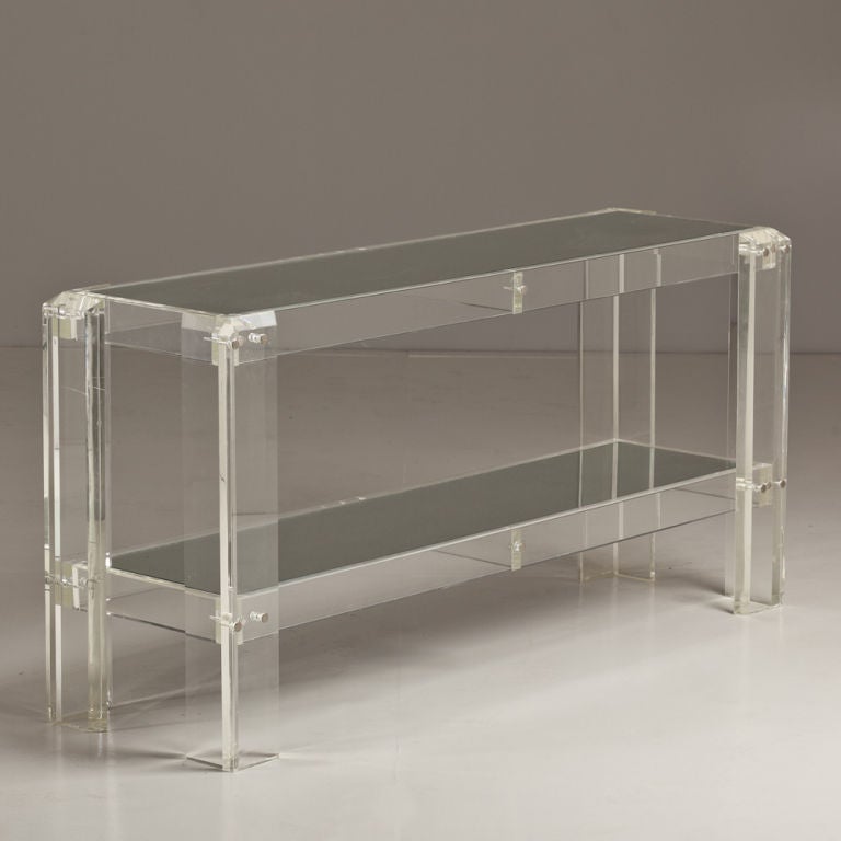 Late 20th Century A Lucite Framed Two Tiered Console Table with Mirrored Shelves