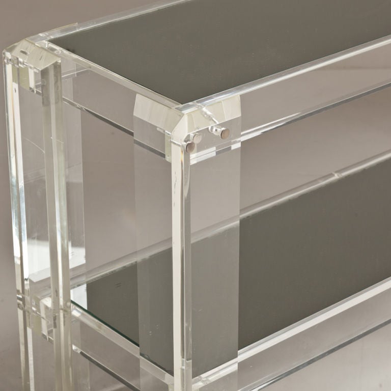 A Lucite Framed Two Tiered Console Table with Mirrored Shelves 2