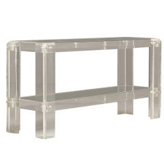 A Lucite Framed Two Tiered Console Table with Mirrored Shelves