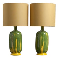 A Rare Pair of 1960s Lemon and Lime Glazed Ceramic Table Lamps