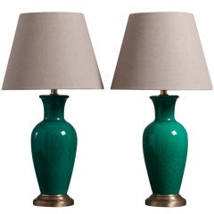 A Pair of 1960s Crackleware Celadon Green Table Lamps