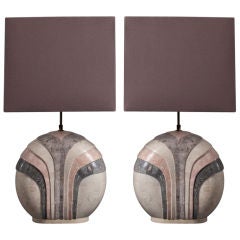 A Pair of 1980s Art Deco Inspired Stone Veneered Table Lamps