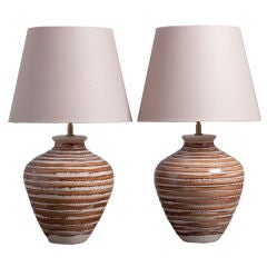 A Pair of Brown and Cream Ceramic Table Lamps