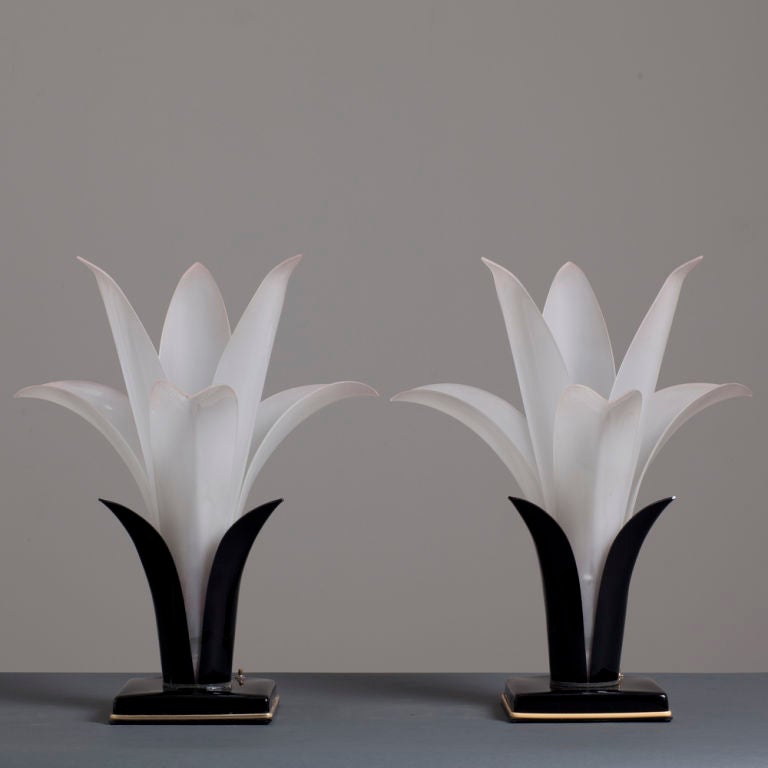 A Pair of Rougier Petal Shaped Lamps with Black Bases