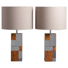A Pair of Burr and Chrome Veneered Table Lamps by Paul Evans