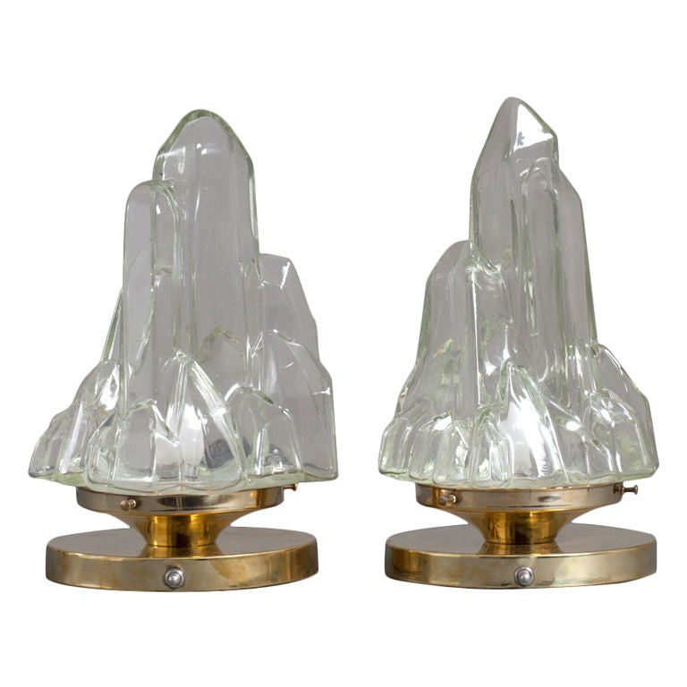 A Pair of 1970s Moulded Glass Iceberg Shaped Table Lamps