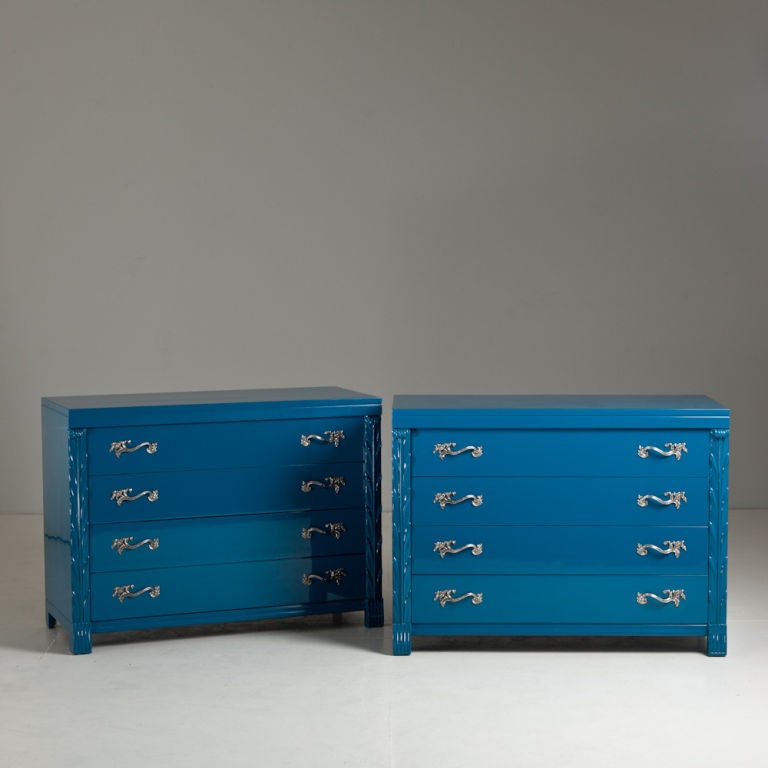 A Pair of  Turquoise Lacquered Commodes with Leaf Moulded Pilasters and Nickel Plated Original Handles designed for John Stuart USA 1950s, Talisman Edition