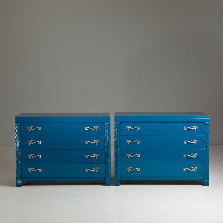American A Pair of Turquoise Lacquered Commodes 1950s