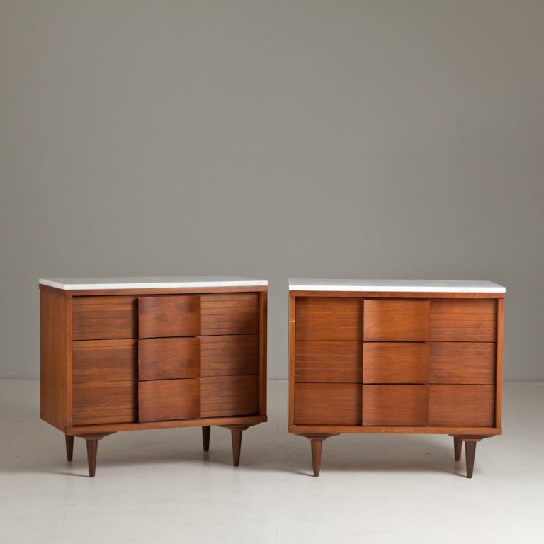 A Pair of 1950s Three Drawer Commodes with Marble Tops