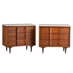 A Pair of 1950s Three Drawer Commodes with Marble Tops