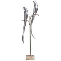 Pair of Aluminium Birds on a Stand Attributed to Curtis Jere